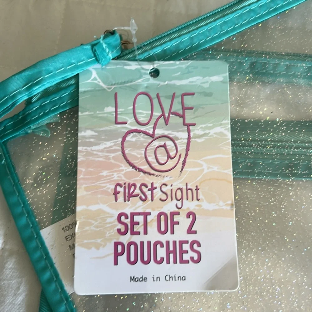 LOVE @ FIRST SIGHT Pouch Set 2 Piece Travel Set CLEAR Zipper Top PVC Plastic